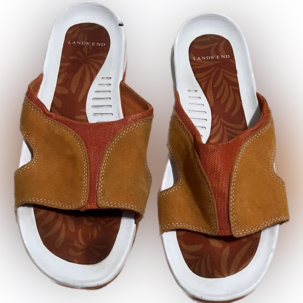 Lands’ End Comfort Slide Sandals Orange Brown Suede Leather Womens Size 10B